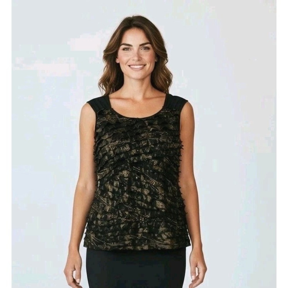 Elementz Summer Top Sz M Black Metallic Gold Ruffles Blouse Modern Party City